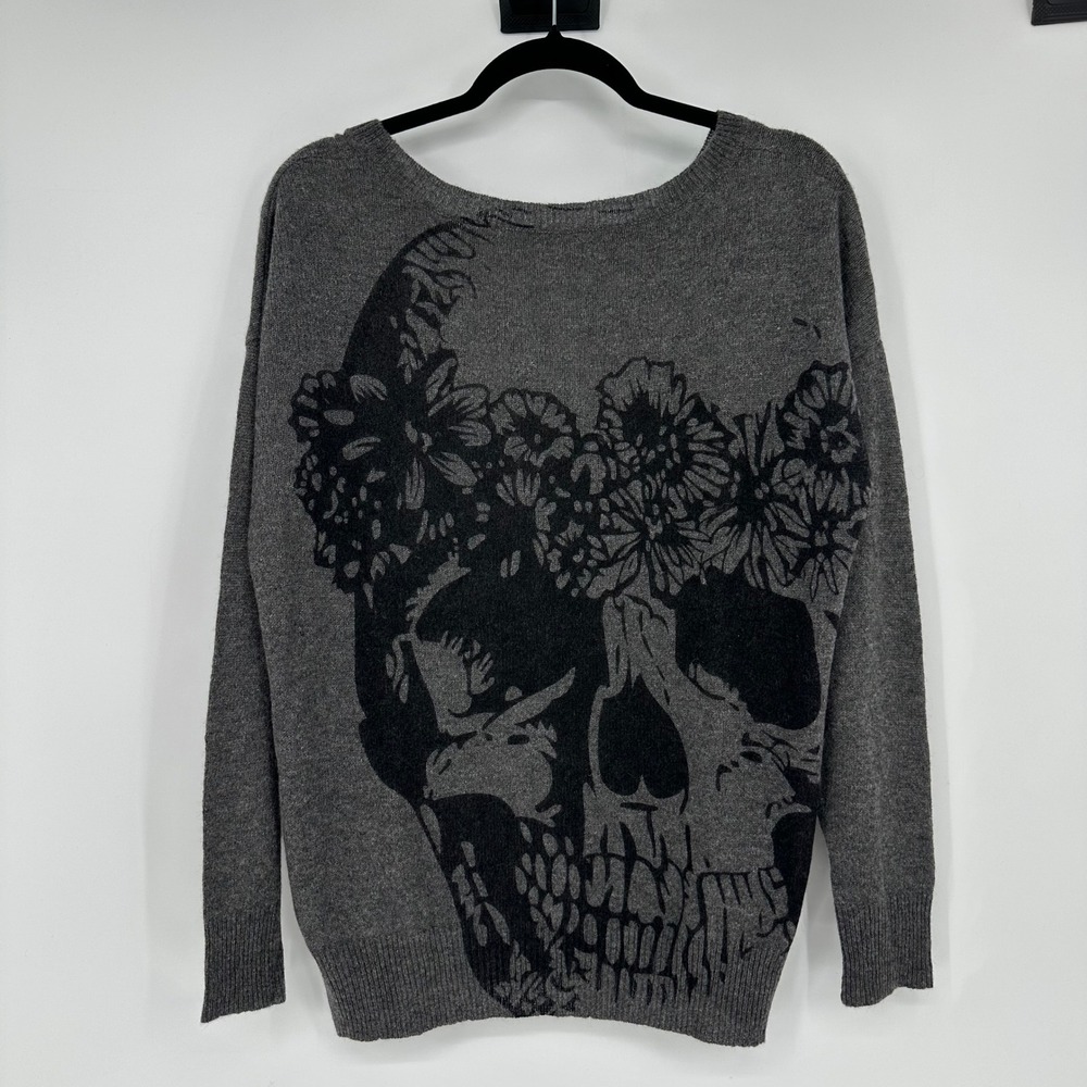 Skull Cashmere Gray 100% Cashmere Knit Pullover Sweater Goth Emo Rock Soft S